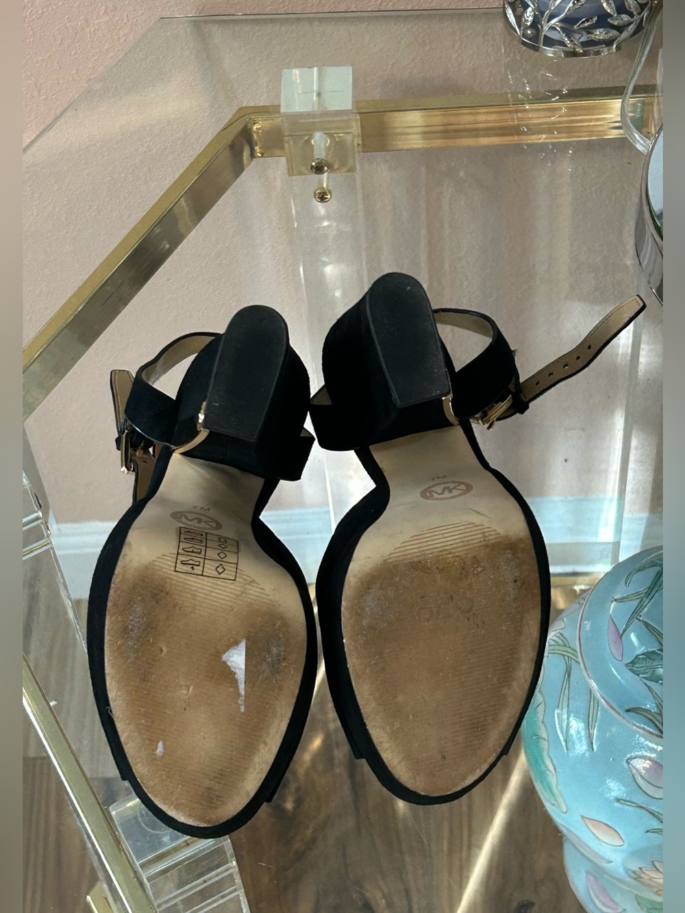 Michael Kors Black Suede Leather Platform Heels with Gold Block Heel Size 7 - Picture 15 of 16